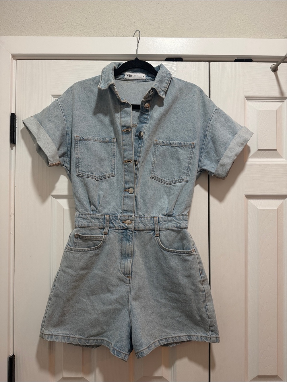 Zara Light Blue Denim Short Romper Small